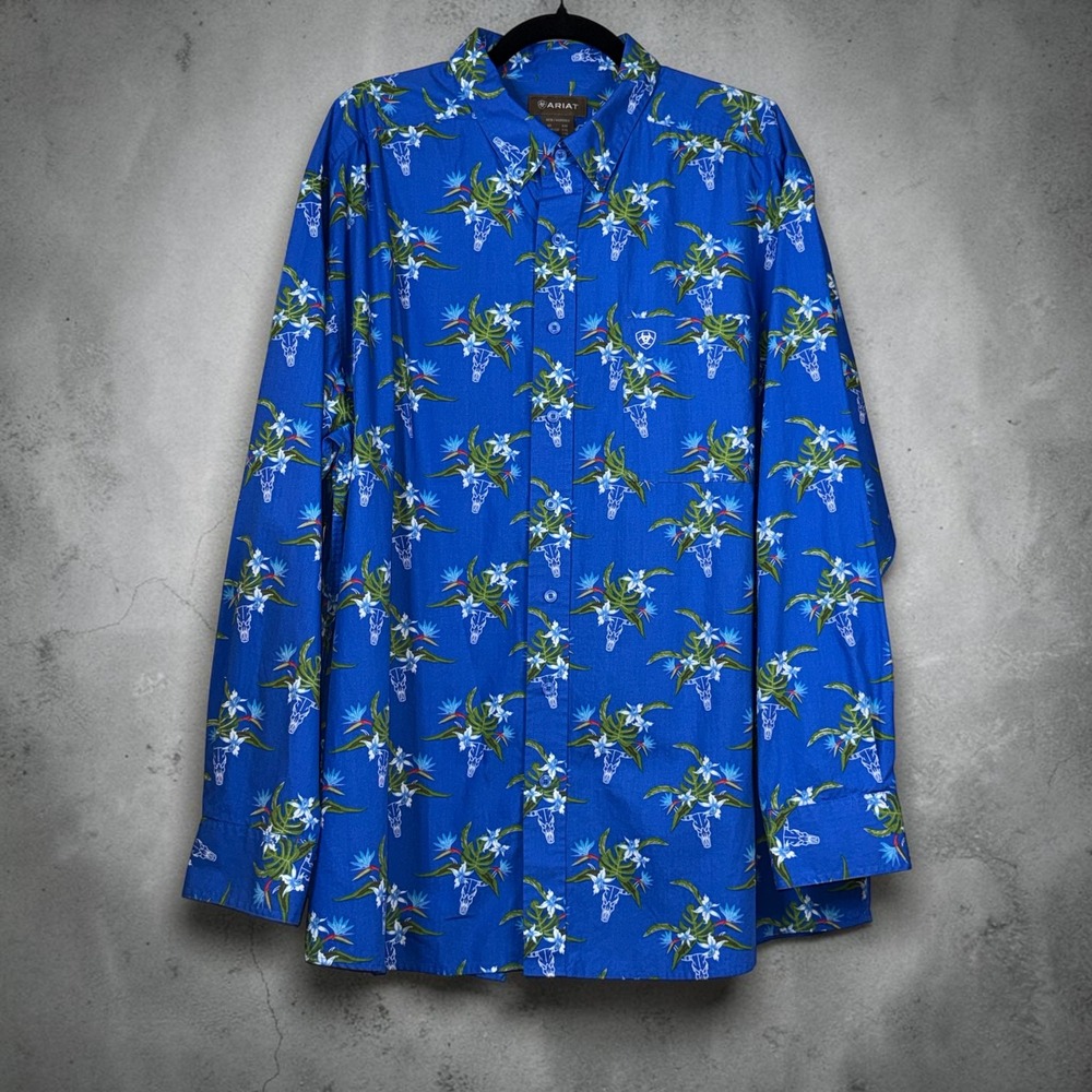 Ariat Logan Long Sleeve Shirt Mens XXL Blue Tropical Floral Steer Skull Western